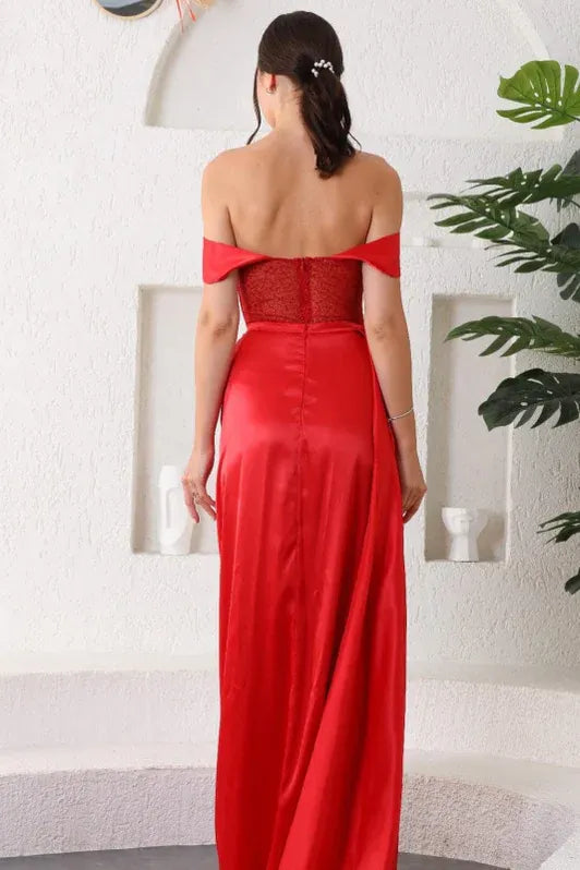 Red Vibrant Sheath Off-the-shoulder Short-sleeve Ruched Floor-length Evening Dress for Women Hot Sale