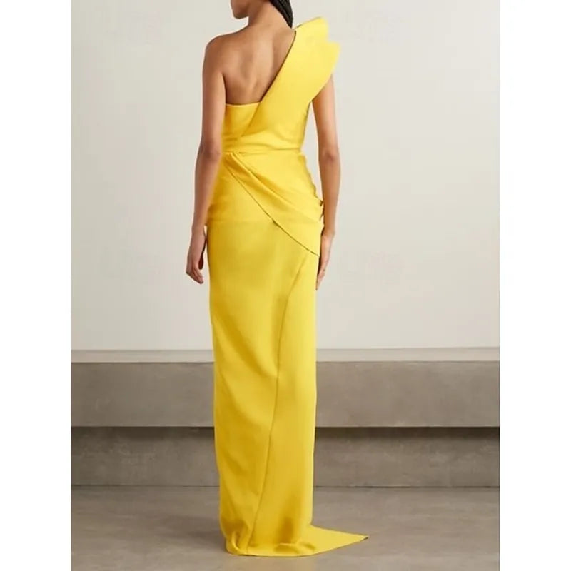 Yellow Vibrant Sheath One-Shoulder Ruffled Floor-Length Evening Dress