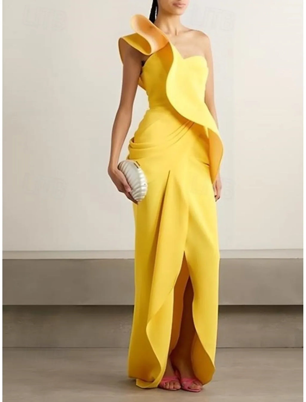 Yellow Vibrant Sheath One-Shoulder Ruffled Floor-Length Evening Dress