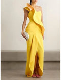 Yellow Vibrant Sheath One-Shoulder Ruffled Floor-Length Evening Dress