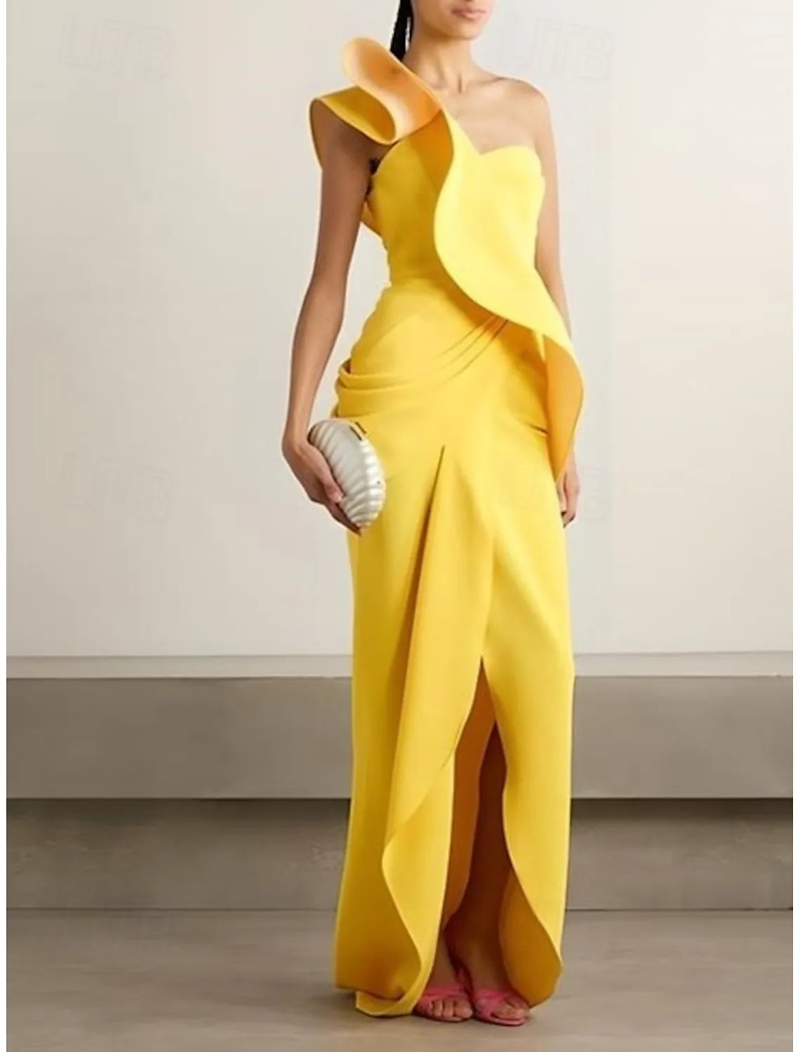 Yellow Vibrant Sheath One-Shoulder Ruffled Floor-Length Evening Dress