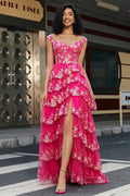 Pink Vibrant Tie Off-the-Shoulder Hot Pink Long Prom Dress