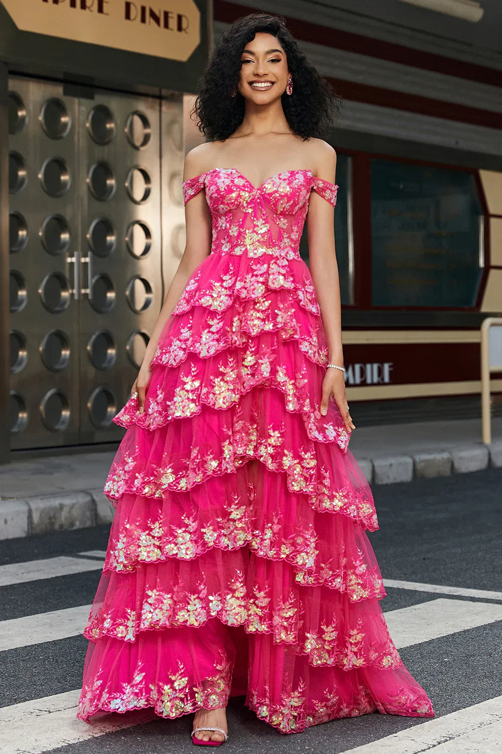 Pink Vibrant Tie Off-the-Shoulder Hot Pink Long Prom Dress