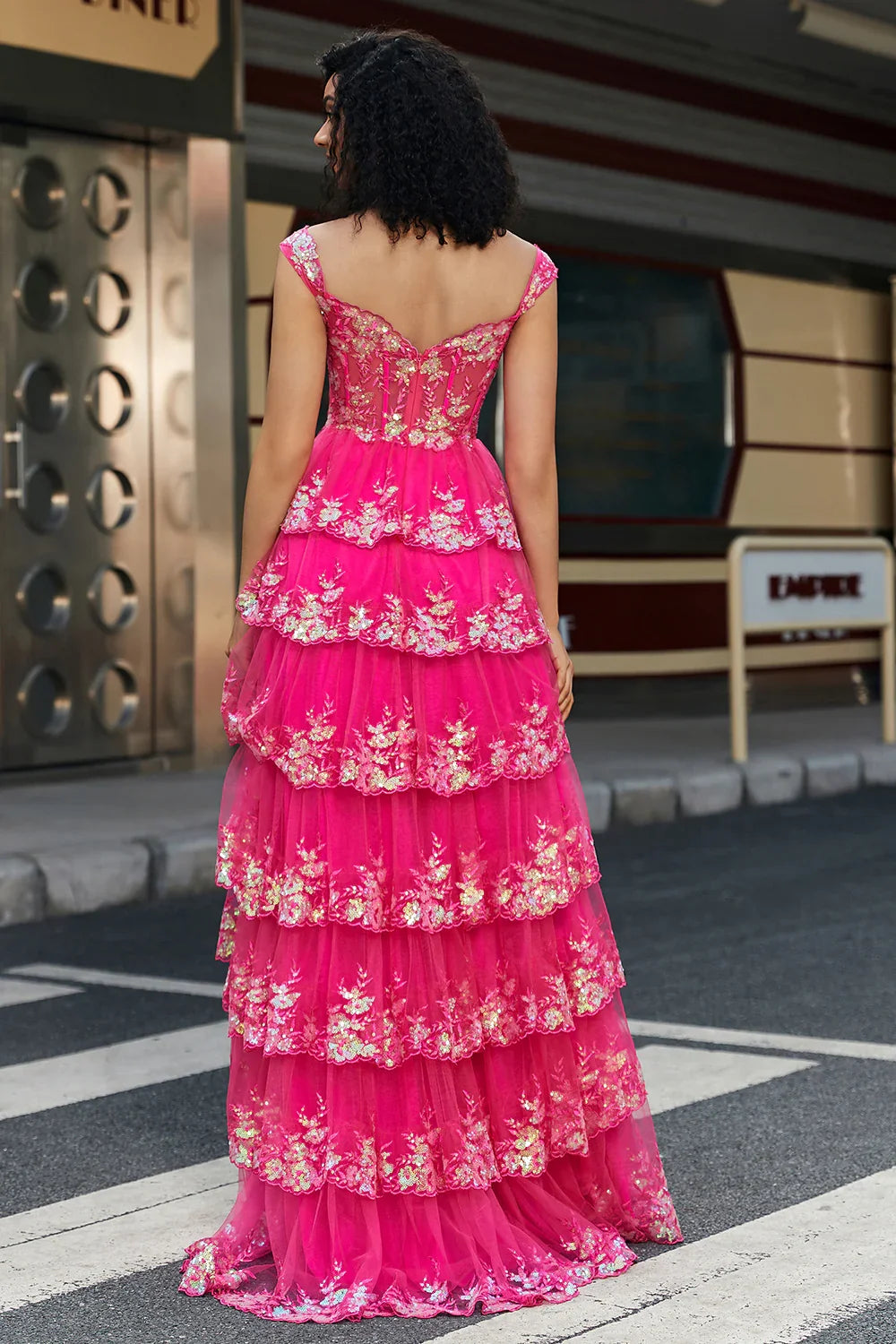 Pink Vibrant Tie Off-the-Shoulder Hot Pink Long Prom Dress