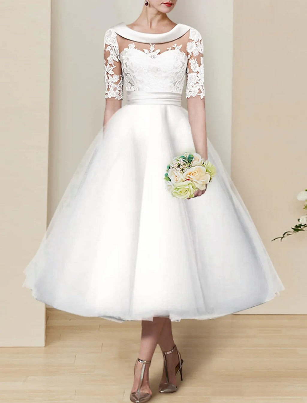 Vintage - Inspired Tea - Length Wedding Dress Sheer Neckline Sleeves Ball Gown