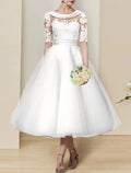 Vintage - Inspired Tea - Length Wedding Dress Sheer Neckline Sleeves Ball Gown