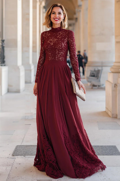 Elegant Burgundy Lace A-Line High Neck Long Sleeve Long Mother of the Bride Dress