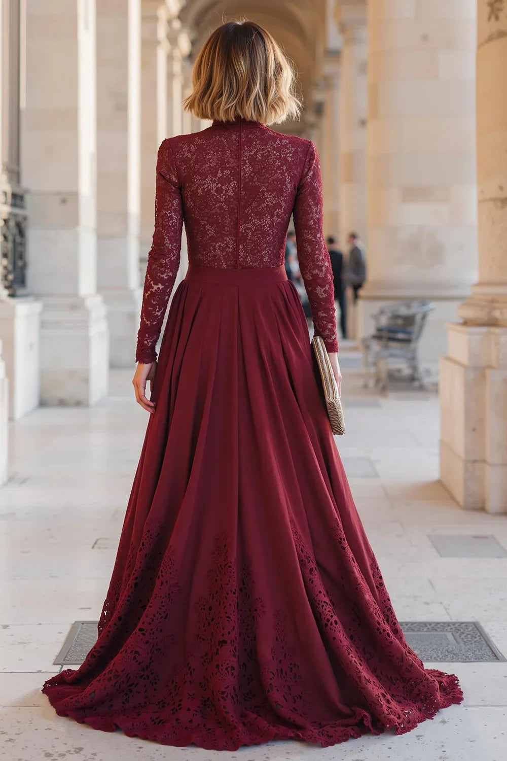 Elegant Burgundy Lace A-Line High Neck Long Sleeve Long Mother of the Bride Dress