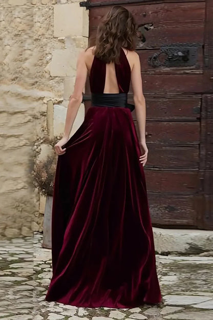 Special Occasion Sophisticated Elegant Burgundy Velvet A-Line High Neck Sleeveless Prom Dress