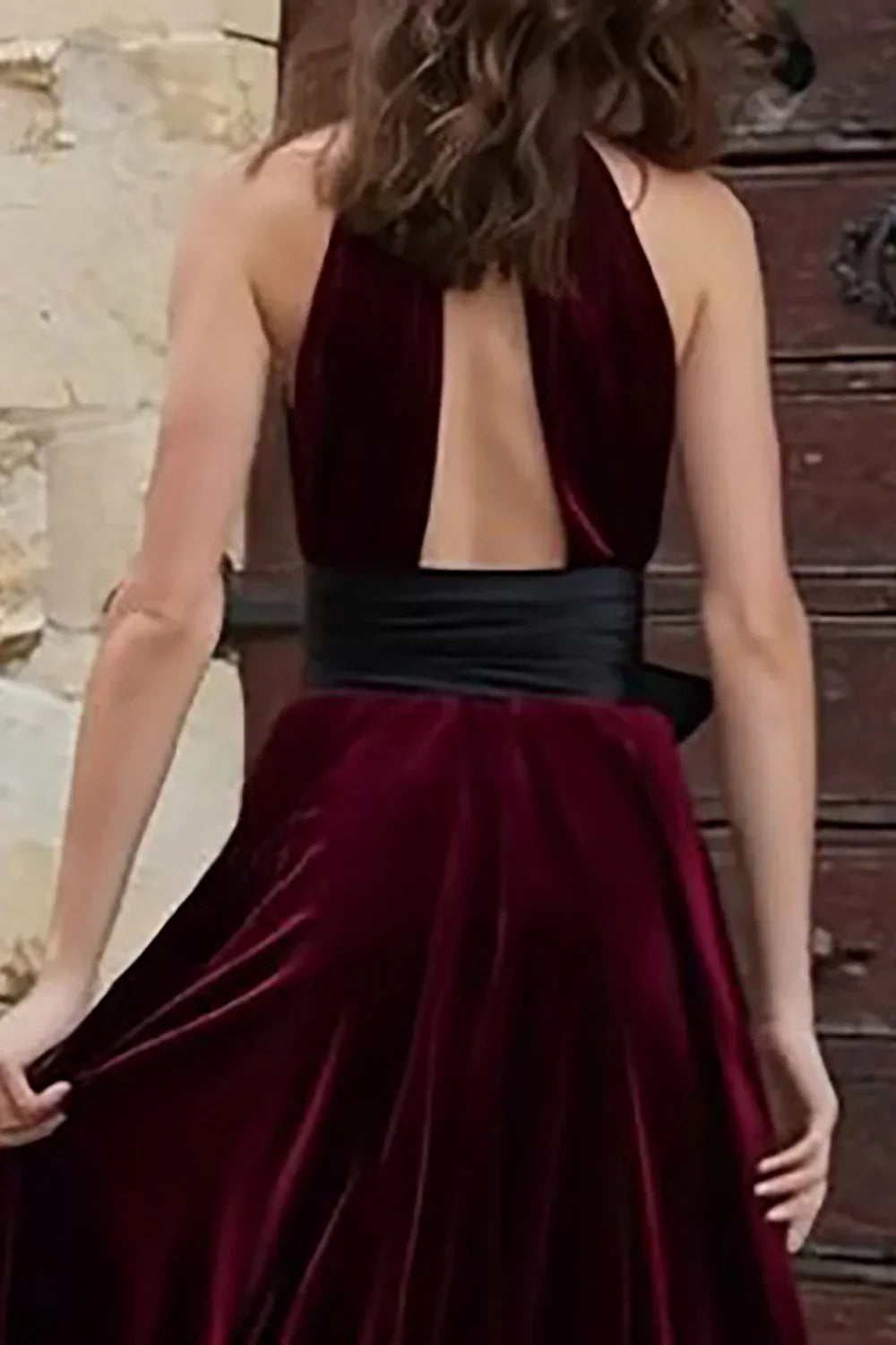 Special Occasion Sophisticated Elegant Burgundy Velvet A-Line High Neck Sleeveless Prom Dress