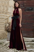 Special Occasion Sophisticated Elegant Burgundy Velvet A-Line High Neck Sleeveless Prom Dress