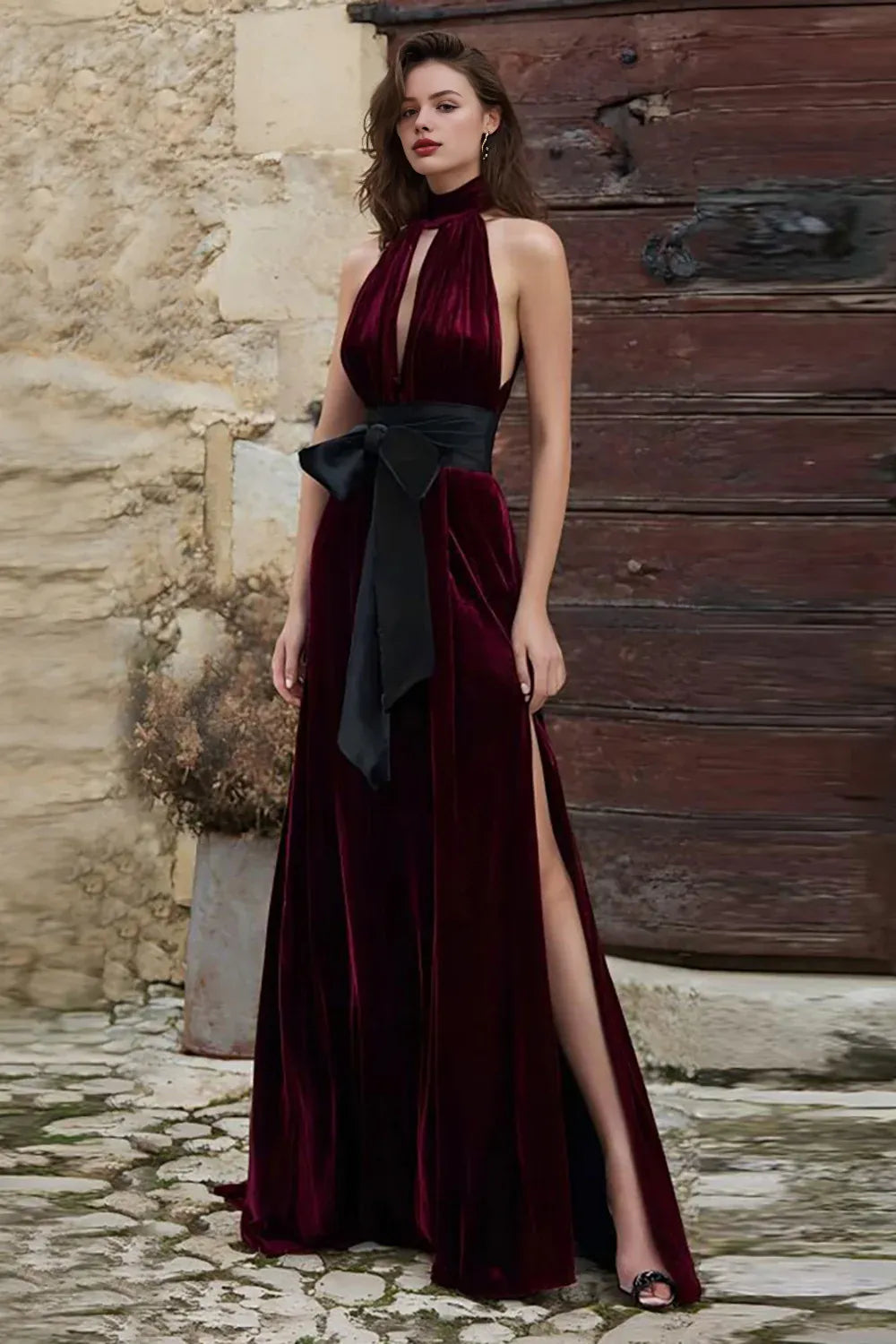 Special Occasion Sophisticated Elegant Burgundy Velvet A-Line High Neck Sleeveless Prom Dress