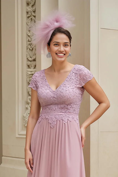 Elegant Dusty Rose Chiffon A-Line V-Neck Floor-Length Mother of the Bride Dress