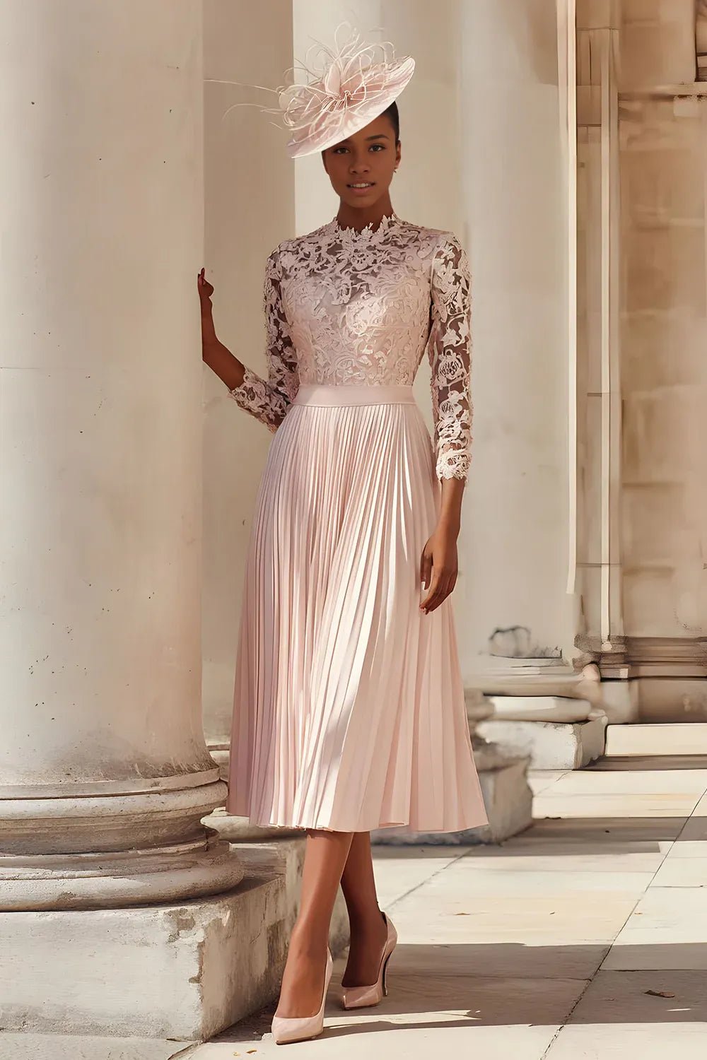 Elegant Blush Pink Lace Long Sleeve Tea-Length Mother of the Bride Dress