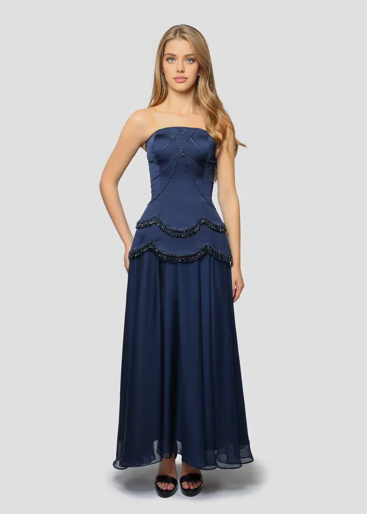 Refined Beautiful Timeless Special Occasion Elegant Navy Blue Lace Sleeveless Prom Dress