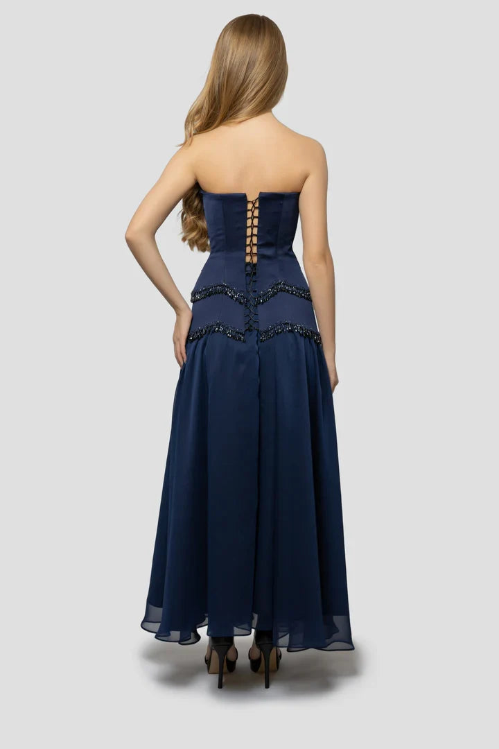 Refined Beautiful Timeless Special Occasion Elegant Navy Blue Lace Sleeveless Prom Dress
