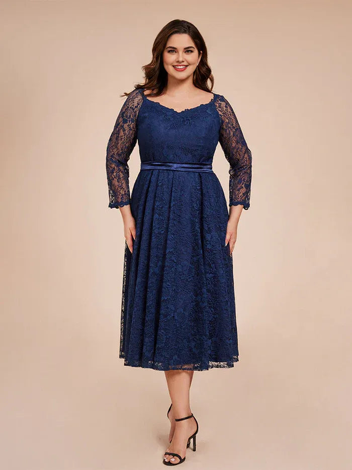 Elegant Navy Blue Lace V-Neck Long Sleeve Long Mother of the Bride Dress