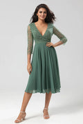 Elegant Sage Green Chiffon Long Sleeve Tea-Length Mother of the Bride Dress