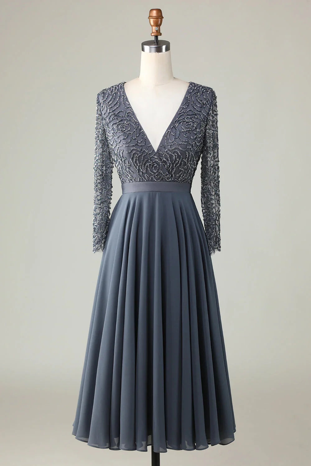 Elegant Sage Green Chiffon Long Sleeve Tea-Length Mother of the Bride Dress