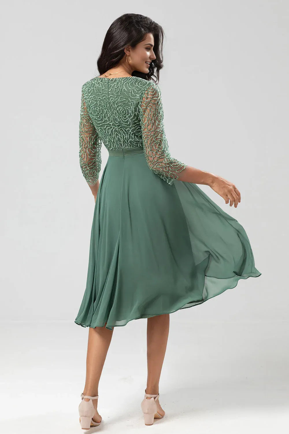Elegant Sage Green Chiffon Long Sleeve Tea-Length Mother of the Bride Dress