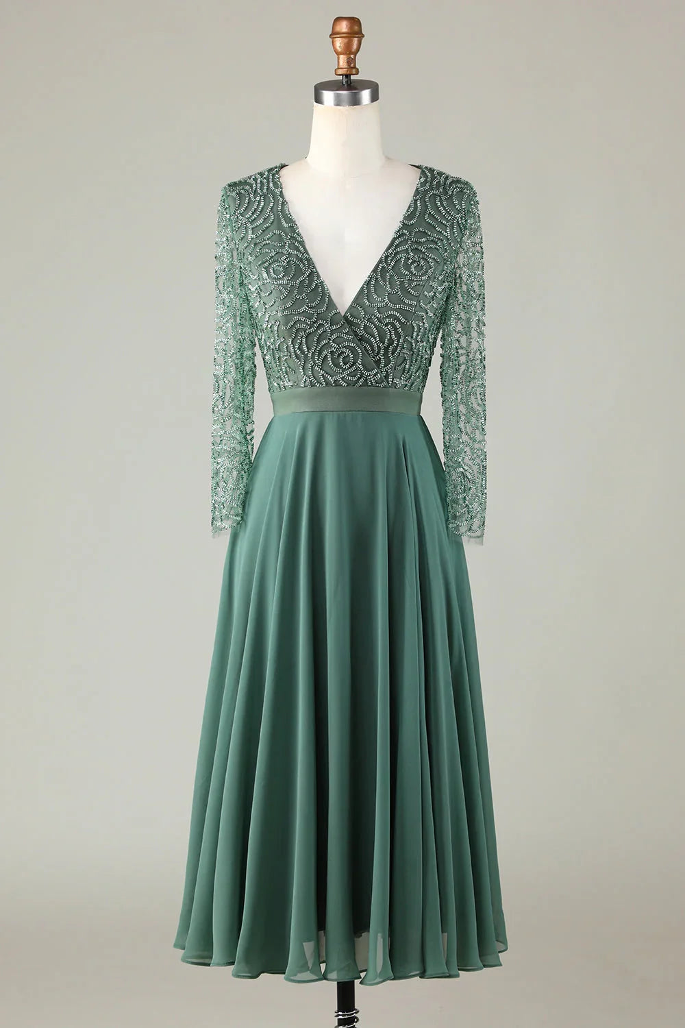 Elegant Sage Green Chiffon Long Sleeve Tea-Length Mother of the Bride Dress