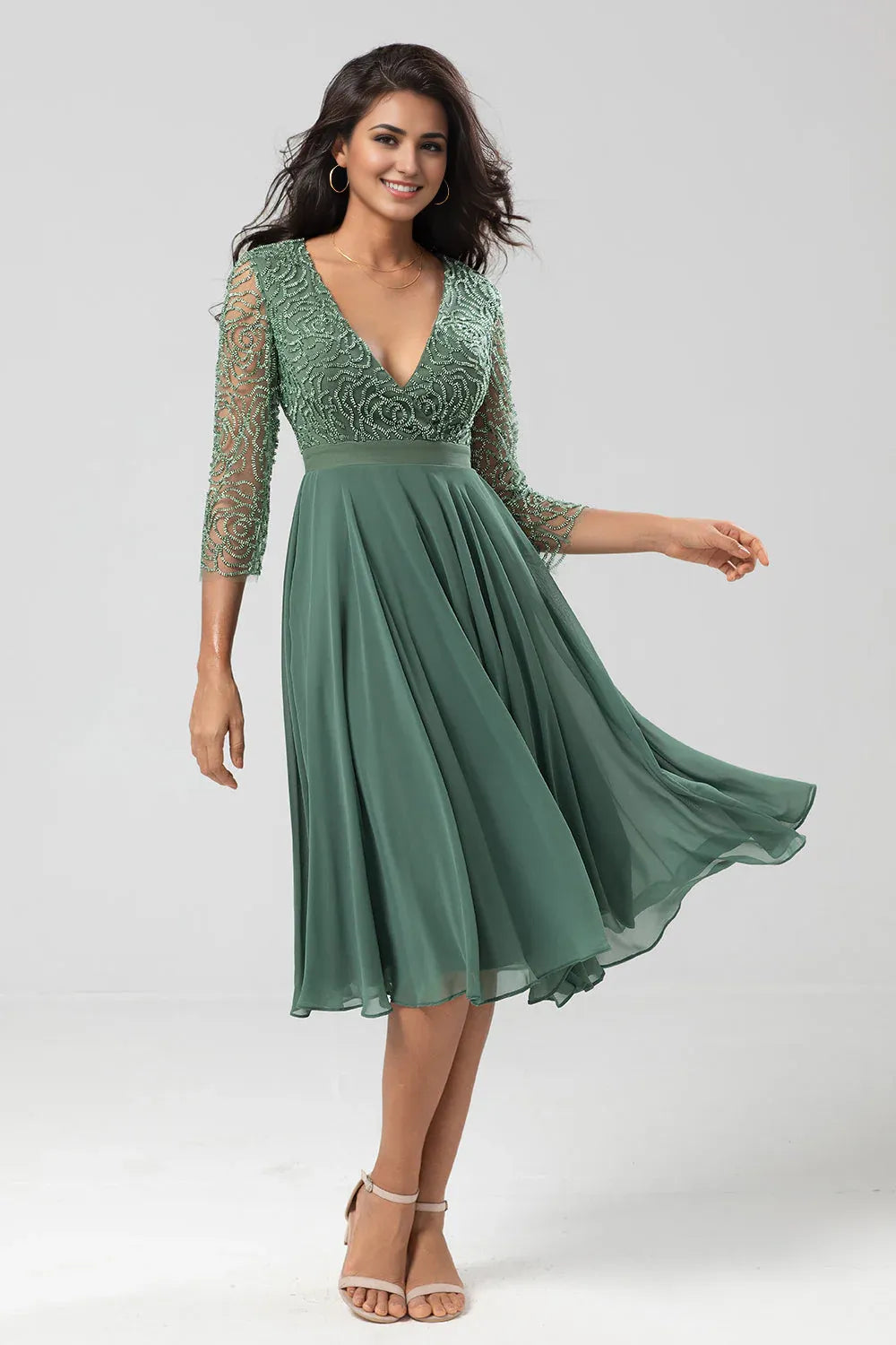 Elegant Sage Green Chiffon Long Sleeve Tea-Length Mother of the Bride Dress