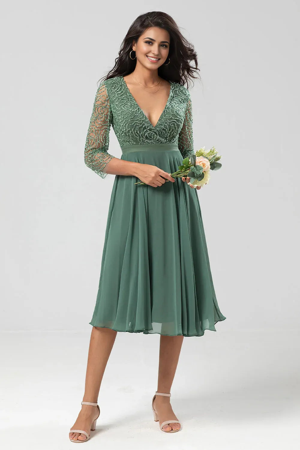 Elegant Sage Green Chiffon Long Sleeve Tea-Length Mother of the Bride Dress