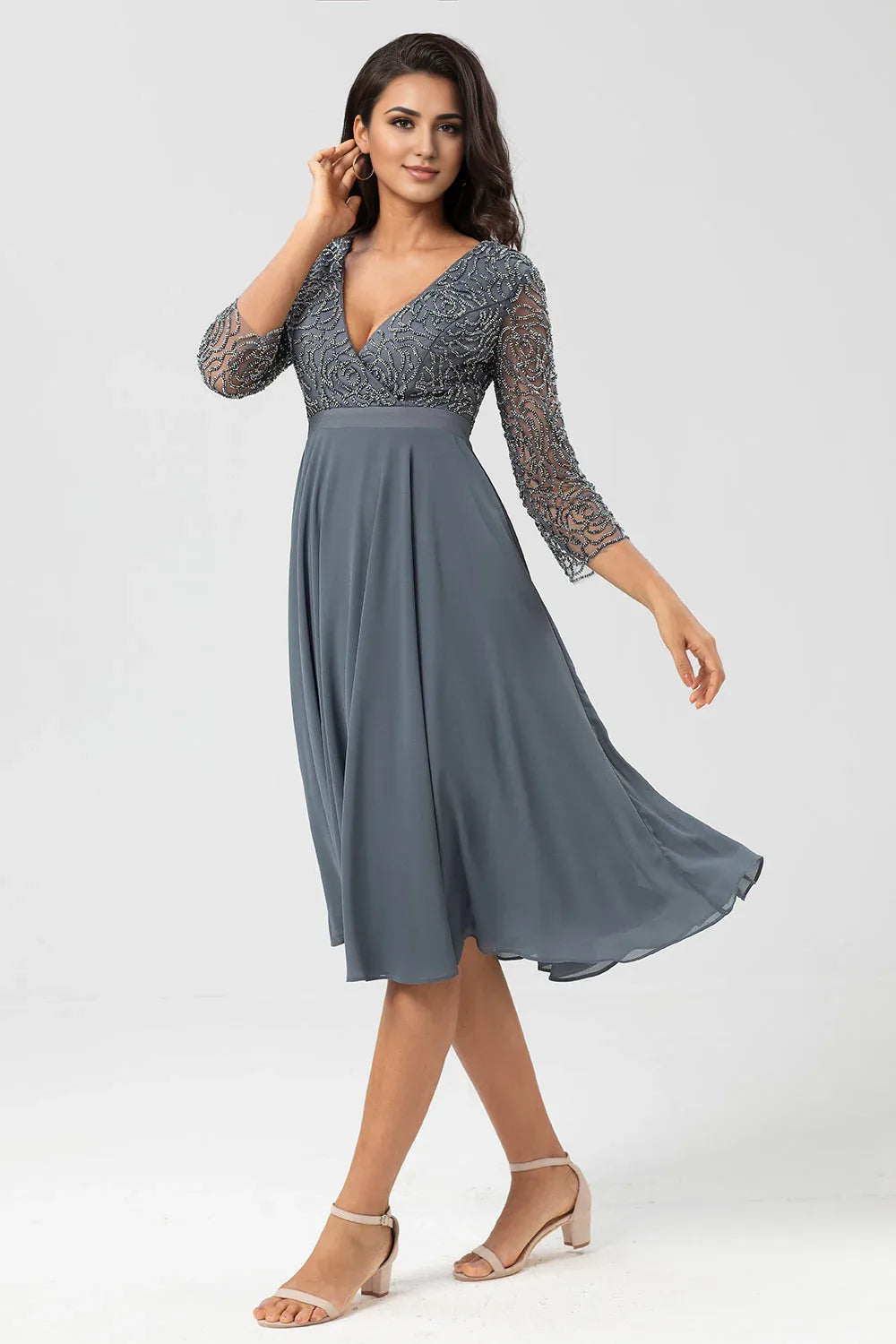 Elegant Sage Green Chiffon Long Sleeve Tea-Length Mother of the Bride Dress