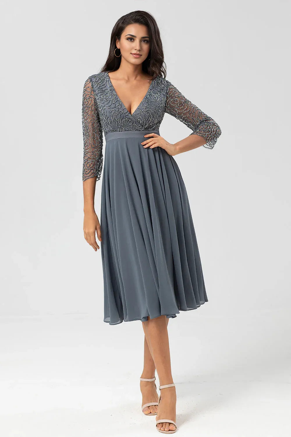 Elegant Sage Green Chiffon Long Sleeve Tea-Length Mother of the Bride Dress