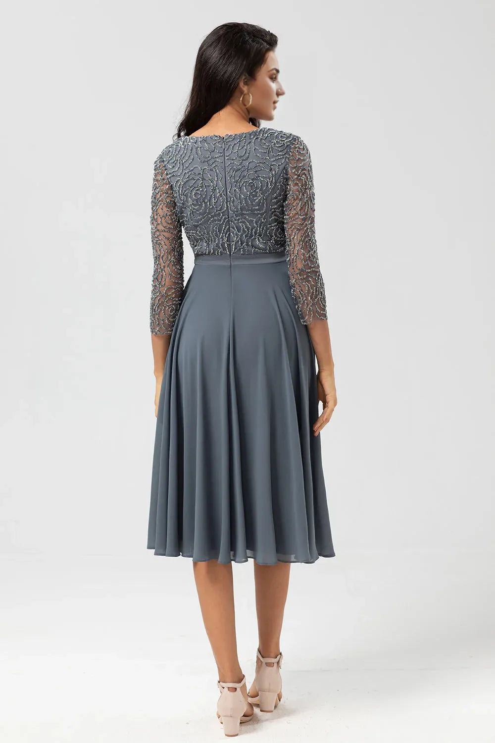 Elegant Sage Green Chiffon Long Sleeve Tea-Length Mother of the Bride Dress