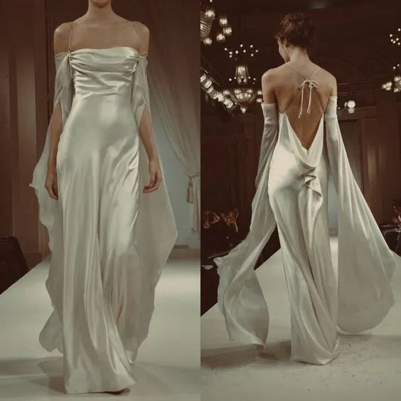 White Vintage A line Strapless Long Sleeves Backless Wedding Dresses