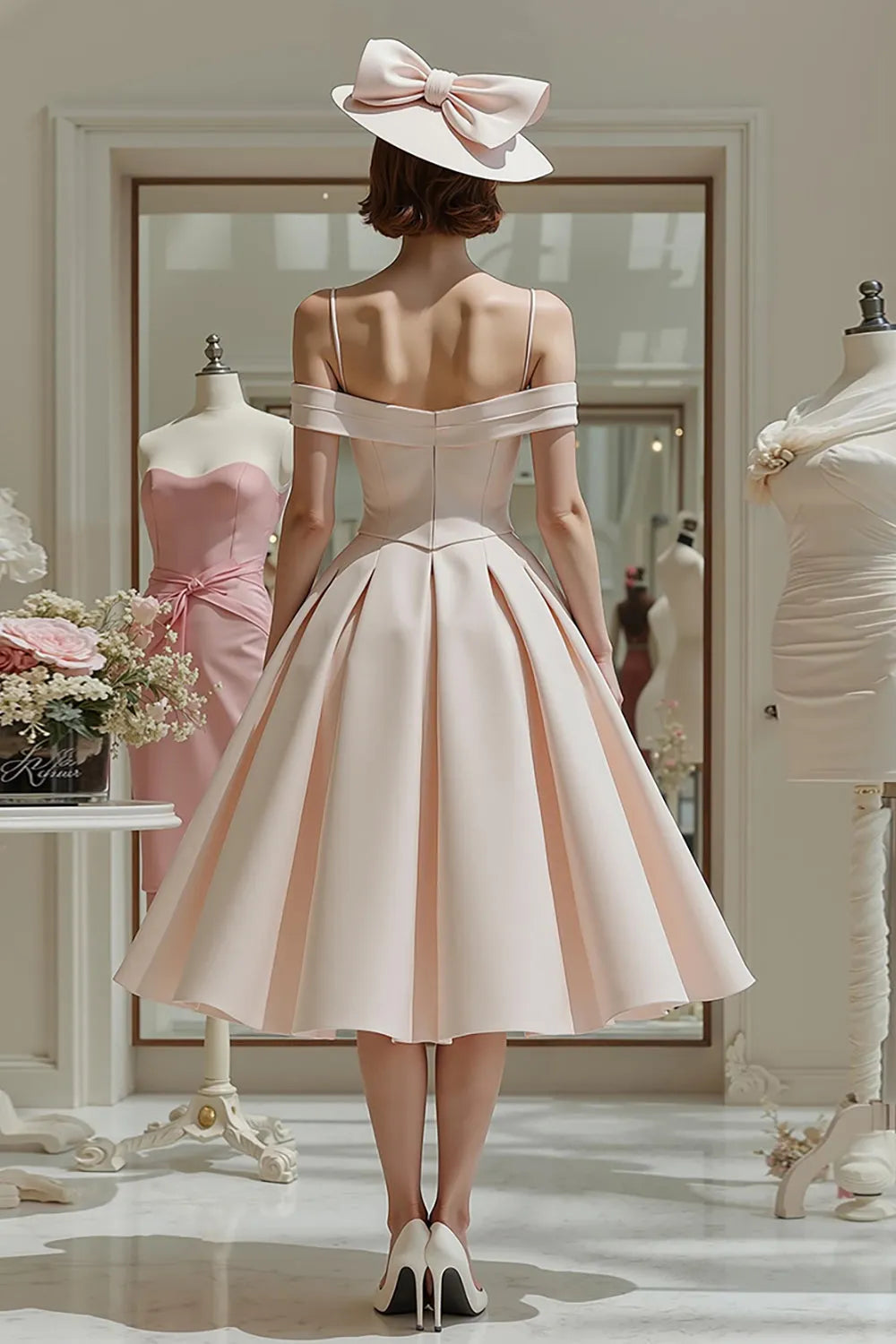 Vintage Ballgown Off-the-Shoulder Spaghetti Strap Zipper Back Tea-Length Mother of the Bride Dresses