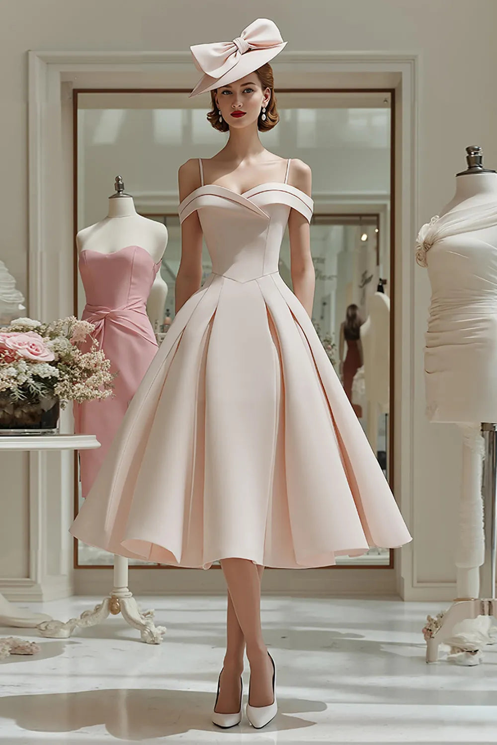 Vintage Ballgown Off-the-Shoulder Spaghetti Strap Zipper Back Tea-Length Mother of the Bride Dresses