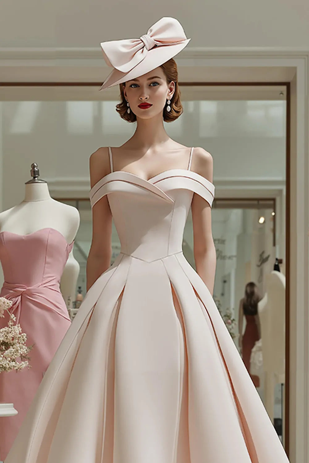 Vintage Ballgown Off-the-Shoulder Spaghetti Strap Zipper Back Tea-Length Mother of the Bride Dresses