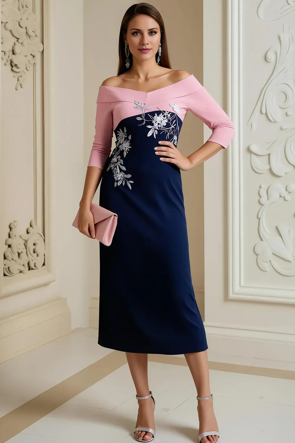 Elegant Navy Blue Bodycon Long Sleeve Tea-Length Mother of the Bride Dress