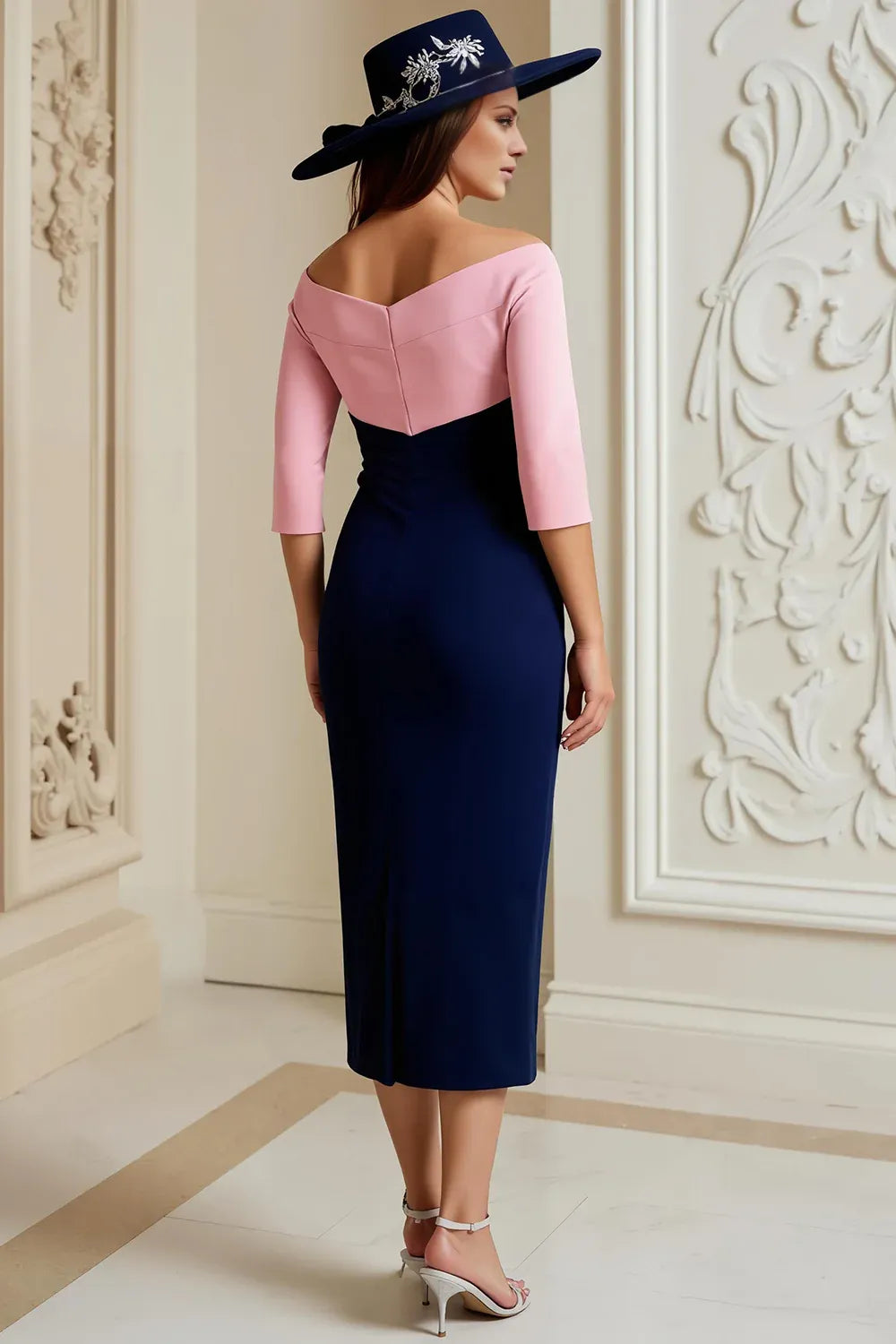 Elegant Navy Blue Bodycon Long Sleeve Tea-Length Mother of the Bride Dress