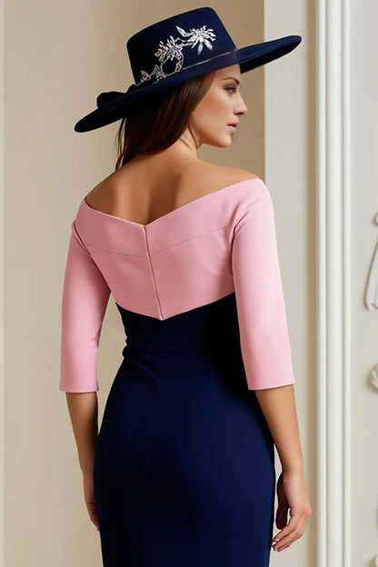 Elegant Navy Blue Bodycon Long Sleeve Tea-Length Mother of the Bride Dress