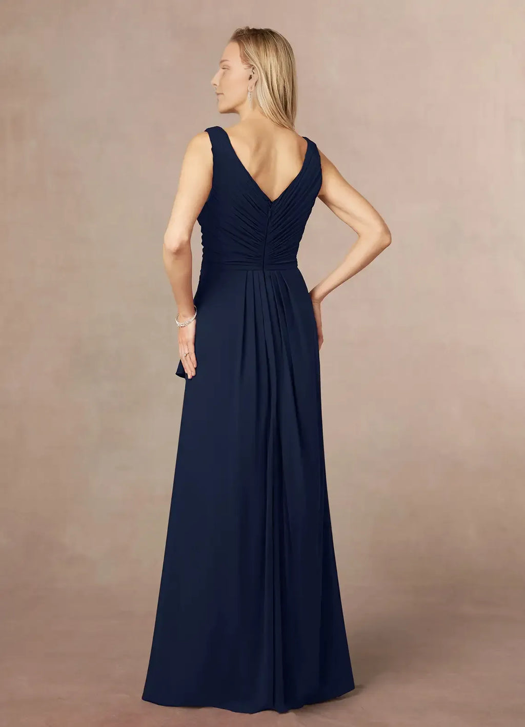 Navy Vintage Dark A-Line Pleated Mother of the Bride Dress with One - Shoulder Draped Sleeve Boat Neckline and Flattering Mermaid Hem for Timeless Wedding Occasions
