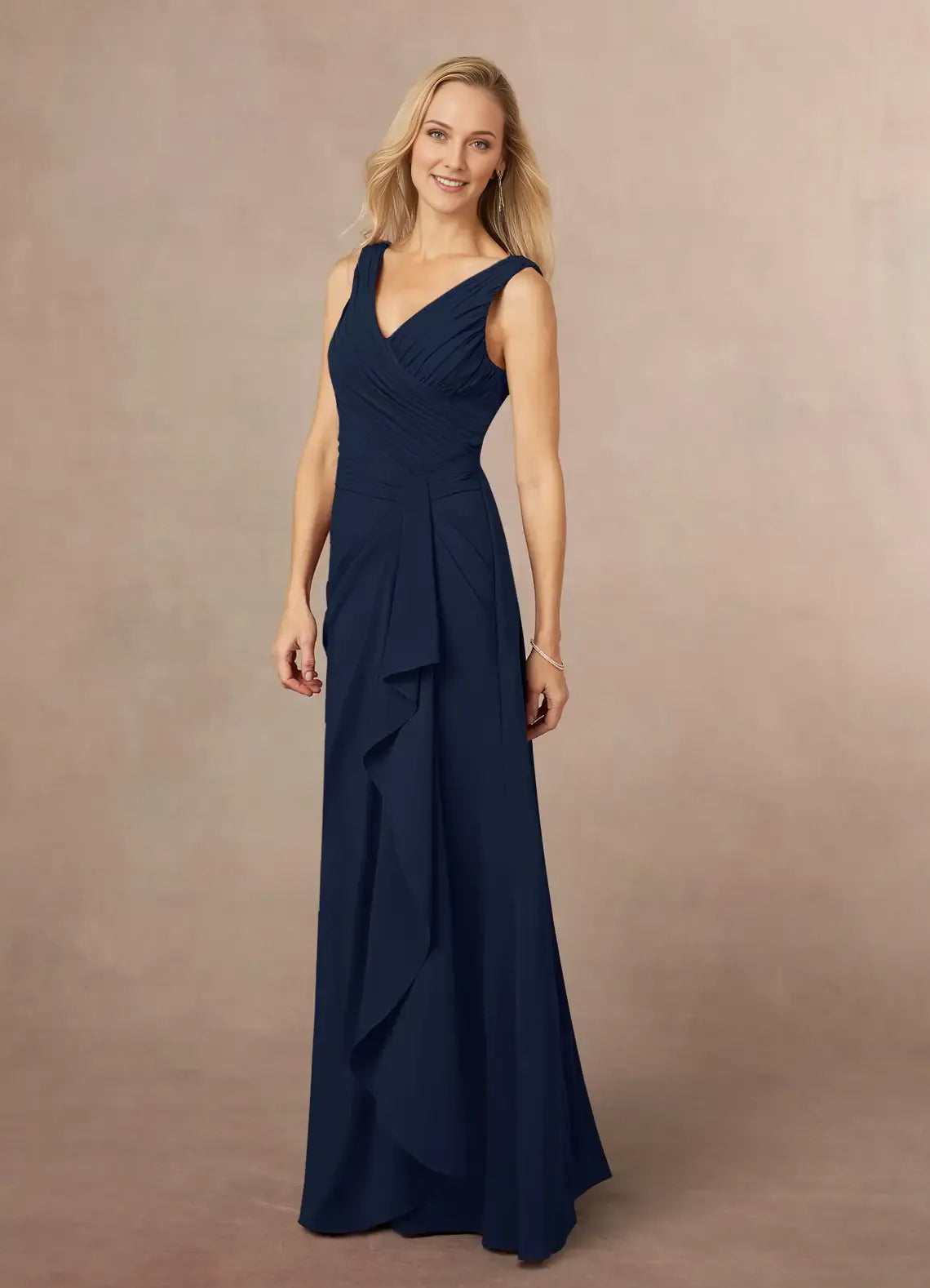 Navy Vintage Dark A-Line Pleated Mother of the Bride Dress with One - Shoulder Draped Sleeve Boat Neckline and Flattering Mermaid Hem for Timeless Wedding Occasions