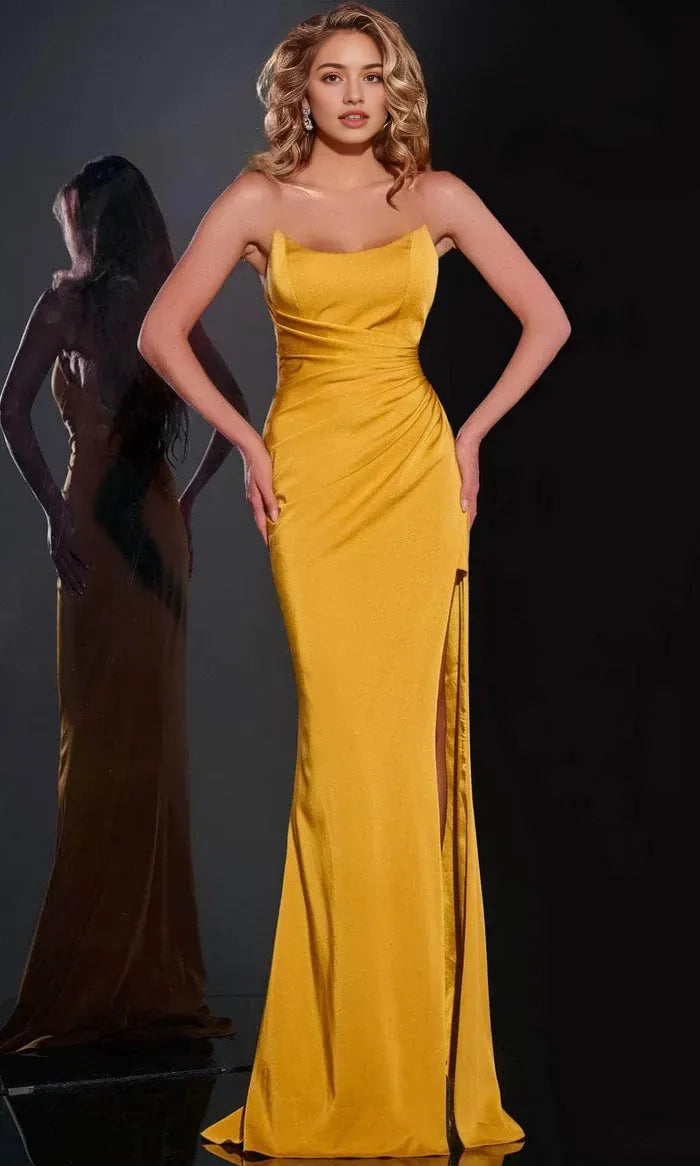 Yellow Vintage Glam Mustard Strapless Mermaid Gown for Timeless Prom Elegance