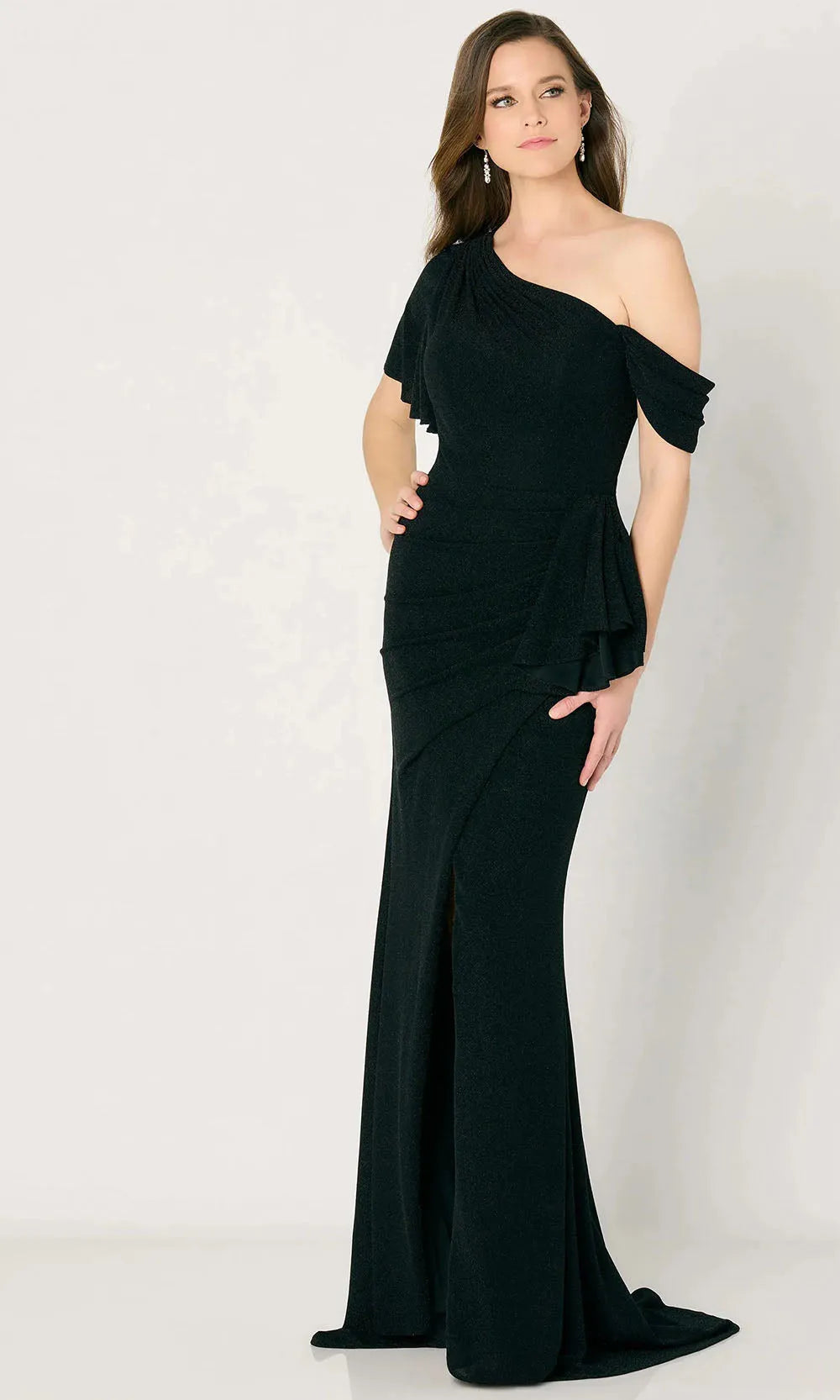 Gold Vintage Glam One Shoulder Evening Gown with Asymmetric Ruffles High Slit