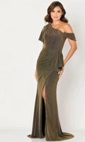 Gold Vintage Glam One Shoulder Evening Gown with Asymmetric Ruffles High Slit