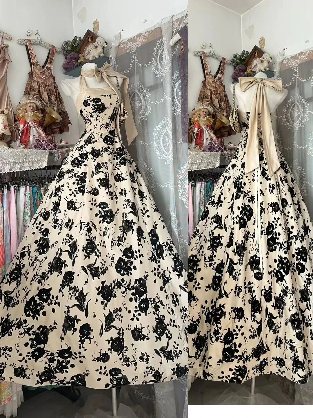 Vintage Halter Neck Sleeveless Floral Beige Maxi Prom Dress