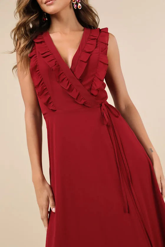 Burgundy Vintage Inspi Burgundy Evening Gown with Ruffled V - Neck Tie -Waist Detail Maxi Skirt Timeless Charm for Retro Chic Events