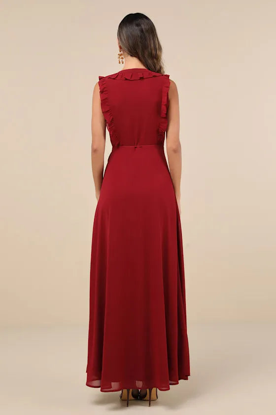 Burgundy Vintage Inspi Burgundy Evening Gown with Ruffled V - Neck Tie -Waist Detail Maxi Skirt Timeless Charm for Retro Chic Events