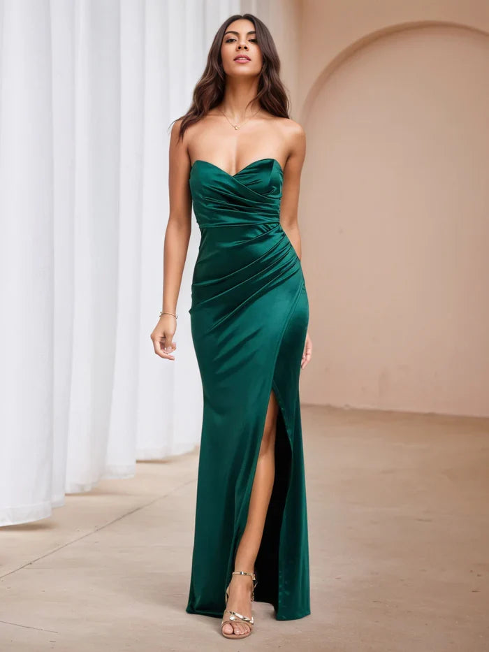 Green Vintage Inspired Forest Strapless Gown Ruched Design High Slit Old - Hollywood Glamour for Special Occasions