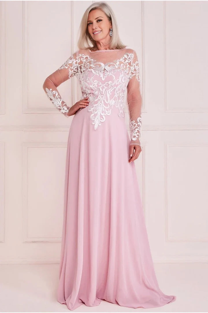 Blush A‑Line Illusion Bateau Long Sleeve Zipper Back Floor Length Mother Of The Bride Dress