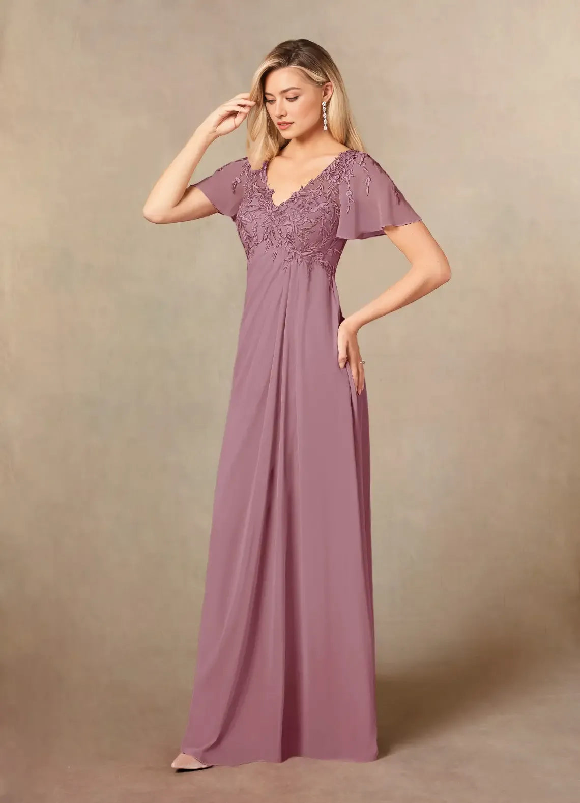 Vintage Mauve A-Line V-Neck Mother of the Bride Dress Flutter Short Sleeves Bodice
