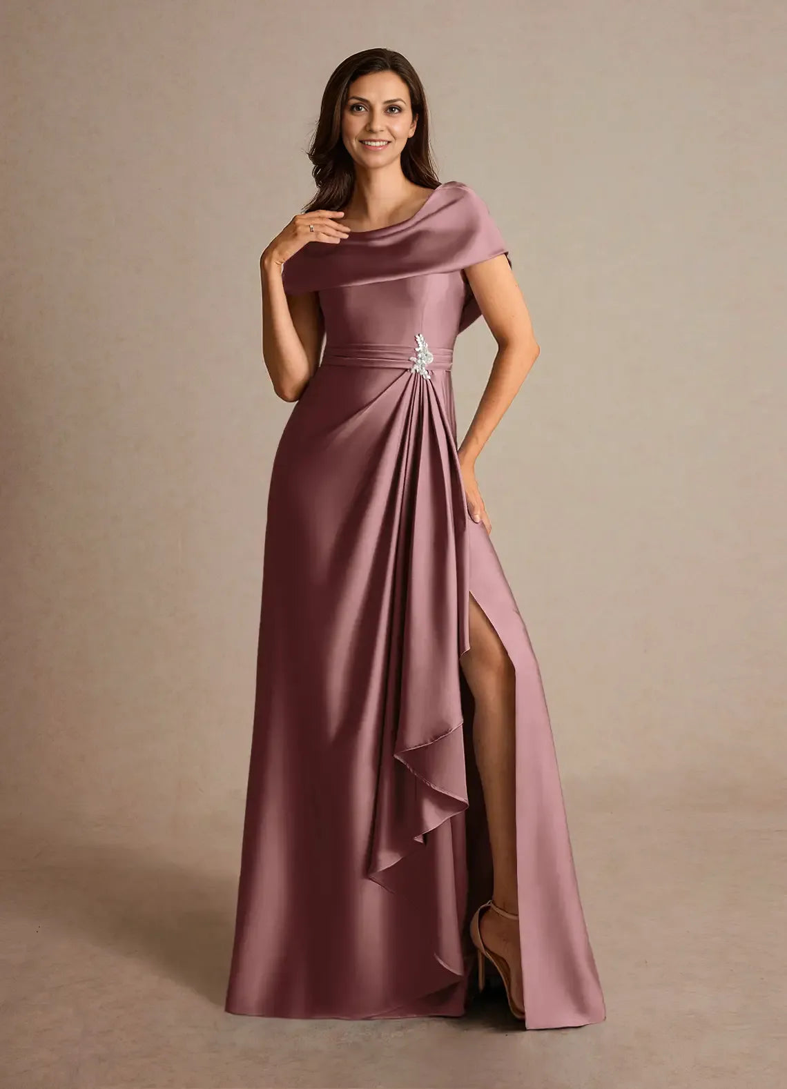 Timeless Chic Elegant Satin A-Line Cowl Pleated Mother of the Bride Dress