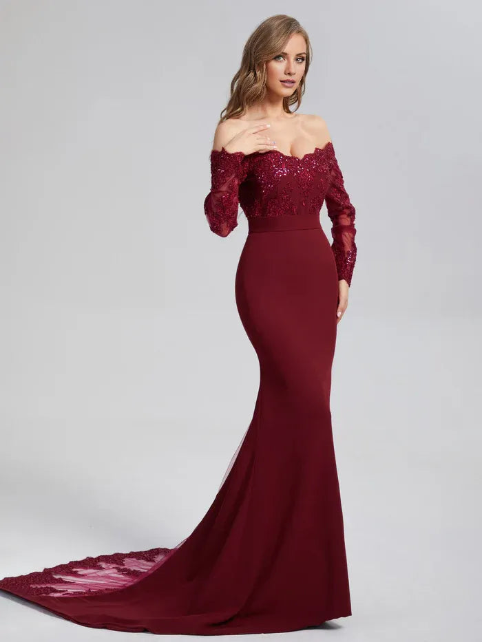 Stylish Refined Beautiful Elegant Burgundy Lace Mermaid Long Sleeve Long Prom Dress